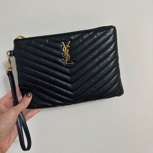 Yves Saint Laurent Black Chevron Clutch with Gold Accents
